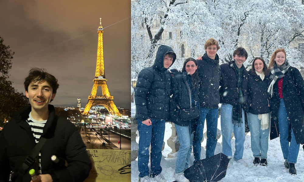two photos of ͯŮ student Peter; first in Paris with the Eiffel Tower at night, second Peter and a group of friends outdoors in snow