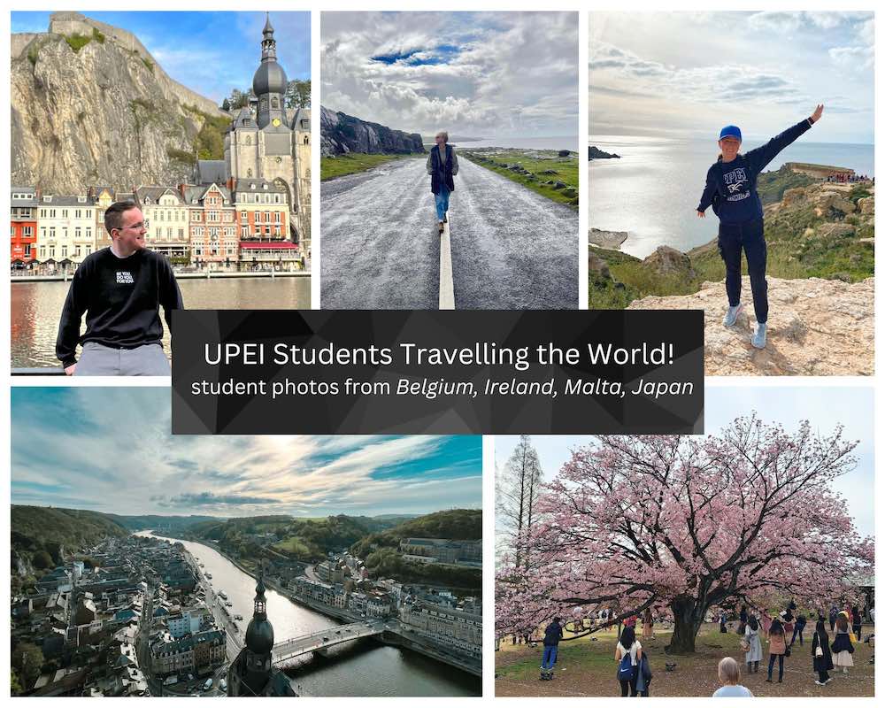 a five-photo collage with text reading: ͯŮ Students Travelling the World! Student photos from Belgium, Ireland, Malta, Japan